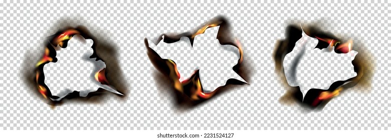 Realistic burnt holes paper icon set three burned papers in circle shape on transparent background vector illustration