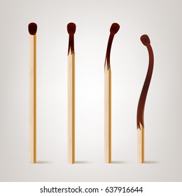 Realistic Burnt Match Vector. Various Stages Of Matches Burning Set Isolated. Realistic Illustration
