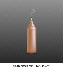 Realistic burnt out candle with smoke coming out of the wick isolated on dark transparent background. Blown out but still warm wax candle - vector illustration.