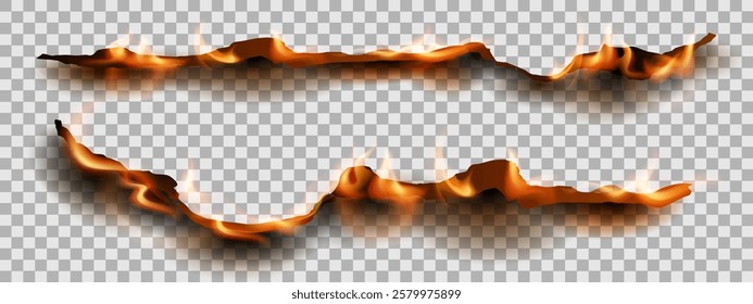 Realistic burnt paper edges with fire and black ash. Fire on burnt paper edges isolated on transparent background. Vector realistic se