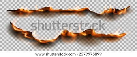 Realistic burnt paper edges with fire and black ash. Fire on burnt paper edges isolated on transparent background. Vector realistic se