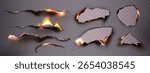 Realistic burnt paper edges with glowing flame effect - horizontal tears, holes and scorched borders with orange fire light on transparent background. Burning frame elements for design projects.