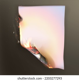 Realistic burnt ripped sheet with scorched borders. smoldering paper page with fire and black ash on dark background. Charred old piece of parchment in flame with burned uneven edges.