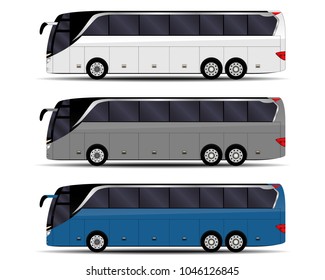 realistic buses set. side view