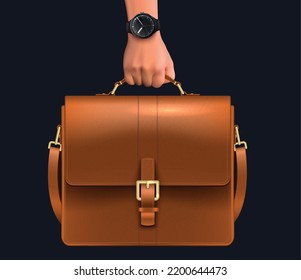 Realistic business bag man hand composition with image of male hand with wristwatch and leather briefcase vector illustration