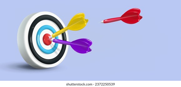 Realistic business banner with 3d target and arrows hitting the target and flying to the target. Place for text. The concept of achieving a goal in life or business. Vector illustration