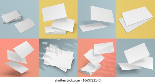 Realistic business cards. Blank mockup of cardboards and flyers with shadow overlay effects from plants. Stacks of paper and flying sheets on colorful background. Vector empty template with copy space