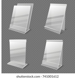 Realistic business information transparent plexiglass empty holders isolated vector. Plastic plexiglass empty holder for card or menu illustration