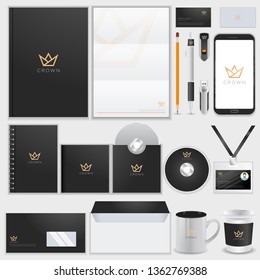 Realistic Business Stationary Corporate Identity Mockup Set Of Folder, Blank, Mug, Brochure . Black And White Corporate Identity Branding Mock-up Set With Crown Logo. Office Items And Objects Mockups