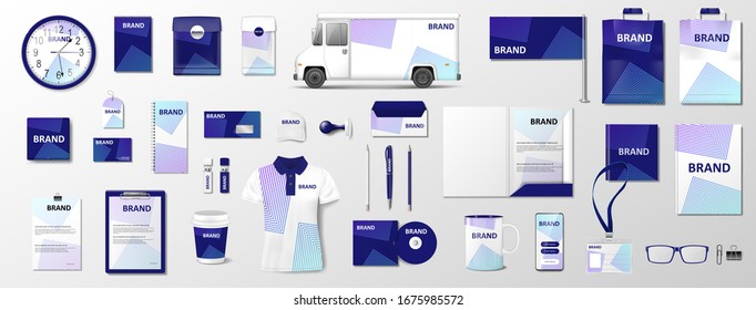 Realistic Business Stationery Documentation Mockup With Abstract Geometric Purple Design For Your Brand. Corporate Identity, Company Style Template. Vector