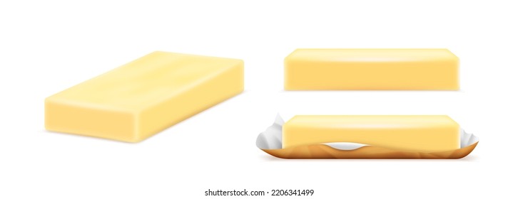 Realistic butter block on foil package isolated. Fresh yellow dairy slices or cubes. Farm food for brand or product package on white background. Breakfast butter. 3d vector illustration