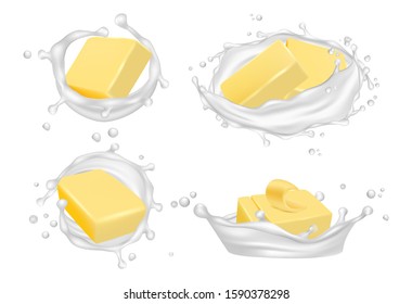 Realistic butter and milk splashes. Vector creamy butter isolated on white background