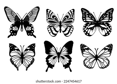 Realistic butterfly collection. Black colour butterflise on white background. Vector illustration.