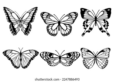 Colección realista de mariposas. 
Morteros de color negro sobre fondo blanco. Ilustración vectorial.