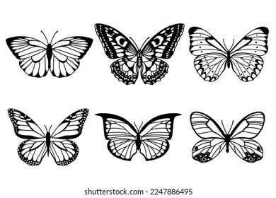 Colección realista de mariposas. 
Morteros de color negro sobre fondo blanco. Ilustración vectorial.