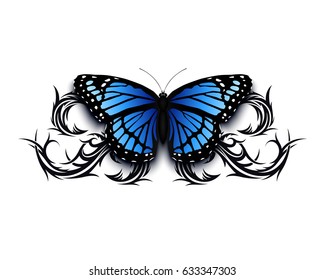 Realistic butterfly icon on top of abstract han drawn tribal ornament. Tatto design template Vector illustration.