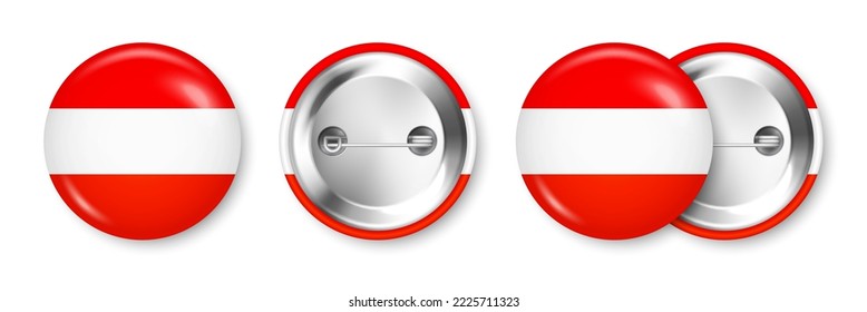 Realistic button badge with printed Austrian flag. Souvenir from Austria. Glossy pin badge with shiny metal clasp. Product mockup for advertising and promotion. Vector illustration