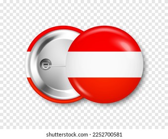 Realistic button badge with printed Austrian flag. Souvenir from Austria. Glossy pin badge with shiny metal clasp. Product mockup for advertising and promotion. Vector illustration