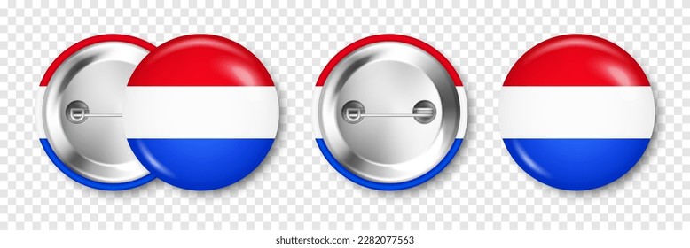 Realistic button badge with printed Dutch flag. Souvenir from Netherlands. Glossy pin badge with shiny metal clasp. Product mockup for advertising and promotion. Vector illustration