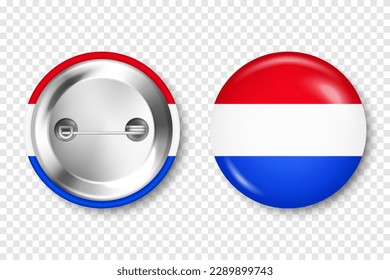 Realistic button badge with printed Dutch flag. Souvenir from Netherlands. Glossy pin badge with shiny metal clasp. Product mockup for advertising and promotion. Vector illustration