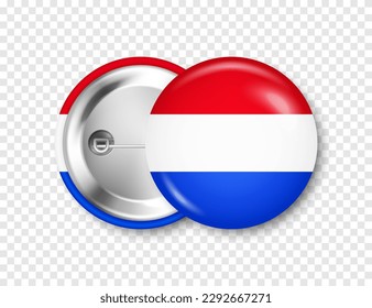 Realistic button badge with printed Dutch flag. Souvenir from Netherlands. Glossy pin badge with shiny metal clasp. Product mockup for advertising and promotion. Vector illustration