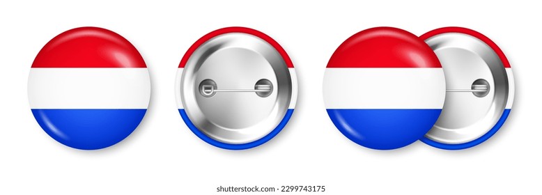 Realistic button badge with printed Dutch flag. Souvenir from Netherlands. Glossy pin badge with shiny metal clasp. Product mockup for advertising and promotion. Vector illustration