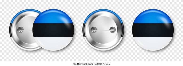 Realistic button badge with printed Estonian flag. Souvenir from Estonia. Glossy pin badge with shiny metal clasp. Product mockup for advertising and promotion. Vector illustration