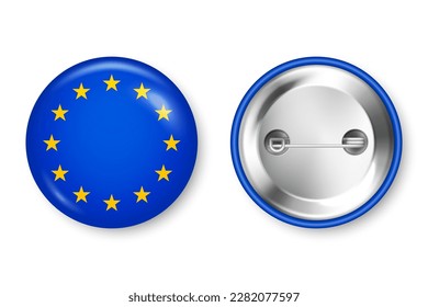 Realistic button badge with printed European flag. Souvenir from Europe. Glossy pin badge with shiny metal clasp. Product mockup for advertising and promotion. Vector illustration
