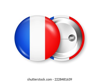 Realistic button badge with printed French flag. Souvenir from France. Glossy pin badge with shiny metal clasp. Product mockup for advertising and promotion. Vector illustration