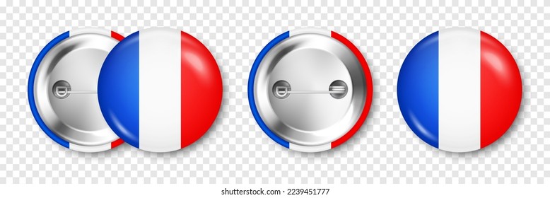 Realistic button badge with printed French flag. Souvenir from France. Glossy pin badge with shiny metal clasp. Product mockup for advertising and promotion. Vector illustration