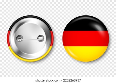 Realistisches Button-Button-Button mit gedruckter deutscher Flagge. Souvenir aus Deutschland. Glossy-Pin-Abzeichen mit glänzender Metallklammer. Produktmuster für Werbung und Werbung. Vektorgrafik