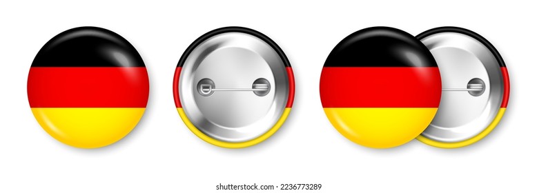 Realistic button badge with printed German flag. Souvenir from Germany. Glossy pin badge with shiny metal clasp. Product mockup for advertising and promotion. Vector illustration