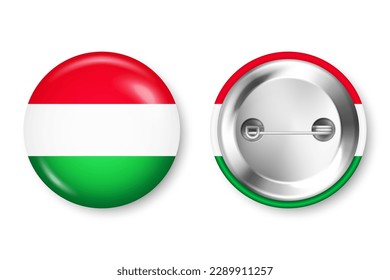 Realistic button badge with printed Hungarian flag. Souvenir from Hungary. Glossy pin badge with shiny metal clasp. Product mockup for advertising and promotion. Vector illustration