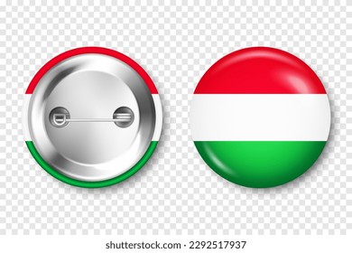 Realistic button badge with printed Hungarian flag. Souvenir from Hungary. Glossy pin badge with shiny metal clasp. Product mockup for advertising and promotion. Vector illustration