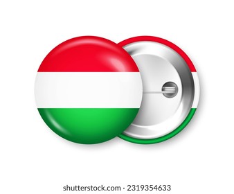 Insignia de botón realista con bandera húngara impresa. Un recuerdo de Hungría. Insignia brillante de alfiler con un brillante agarre de metal. Modelación de productos para publicidad y promoción. Ilustración del vector