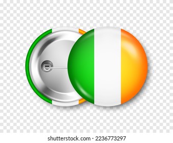 Realistic button badge with printed Irish flag. Souvenir from Ireland. Glossy pin badge with shiny metal clasp. Product mockup for advertising and promotion. Vector illustration
