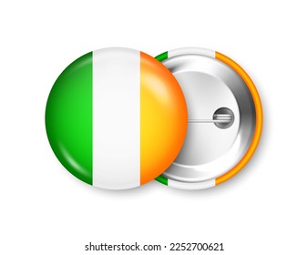 Realistic button badge with printed Irish flag. Souvenir from Ireland. Glossy pin badge with shiny metal clasp. Product mockup for advertising and promotion. Vector illustration