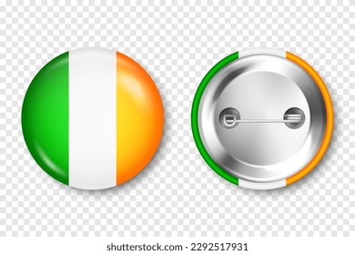 Bandera de botón realista con bandera irlandesa impresa. Un recuerdo de Irlanda. Insignia brillante de alfiler con un brillante agarre de metal. Modelación de productos para publicidad y promoción. Ilustración del vector