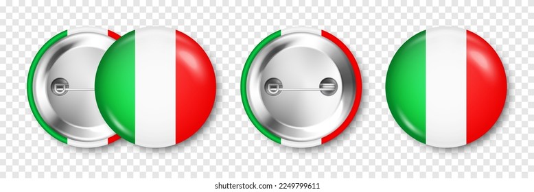 Realistic button badge with printed Italian flag. Souvenir from Italy. Glossy pin badge with shiny metal clasp. Product mockup for advertising and promotion. Vector illustration