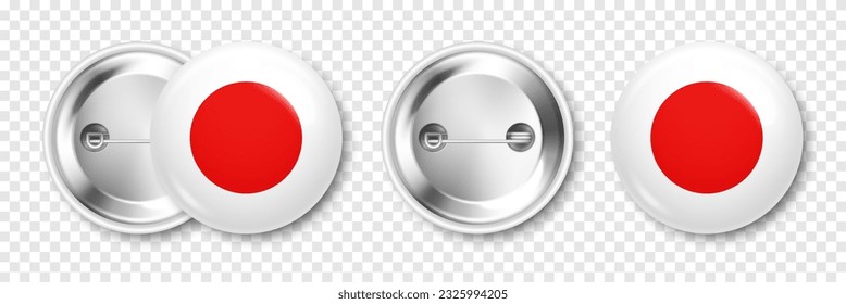 Realistic button badge with printed Japanese flag. Souvenir from Japan. Glossy pin badge with shiny metal clasp. Product mockup for advertising and promotion. Vector illustration