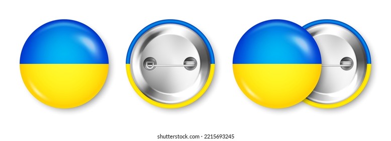 Realistic button badge with printed Ukrainian flag. Souvenir from Ukraine. Glossy pin badge with shiny metal clasp. Product mockup for advertising and promotion. Vector illustration