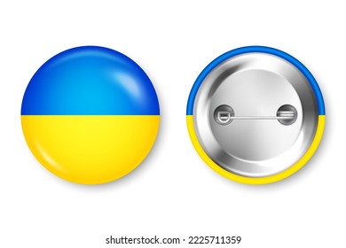 Realistic button badge with printed Ukrainian flag. Souvenir from Ukraine. Glossy pin badge with shiny metal clasp. Product mockup for advertising and promotion. Vector illustration