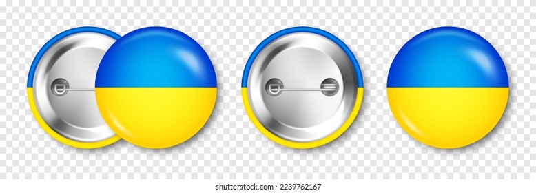Realistic button badge with printed Ukrainian flag. Souvenir from Ukraine. Glossy pin badge with shiny metal clasp. Product mockup for advertising and promotion. Vector illustration