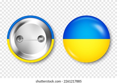 Realistic button badge with printed Ukrainian flag. Souvenir from Ukraine. Glossy pin badge with shiny metal clasp. Product mockup for advertising and promotion. Vector illustration