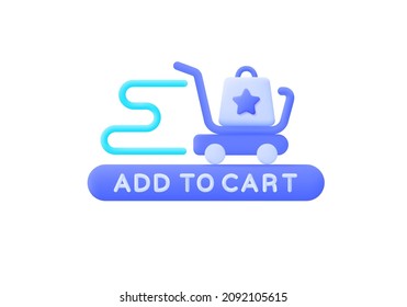 Realistic button with blue add to cart 3d on white background for web design. Realistic 3d vector. Business vector icon. Online shopping