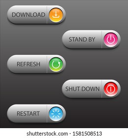 Realistic Button Computer Set Base on Dark Background,Five Computer Gray Colored Button ,Text is Download,Stand by,Refresh,Shutdown,Restart ,five icon above orange pink green red and blue circle