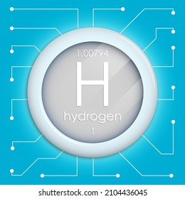 Botón realista con símbolo de hidrógeno. El elemento químico es el hidrógeno. Vector aislado en fondo blanco