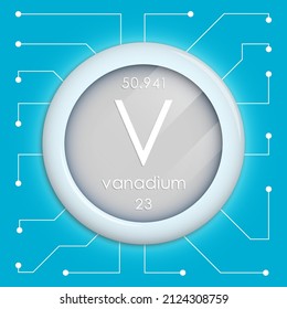 Realistic button with vanadium symbol. Chemical element is vanadium. Vector isolated on white background