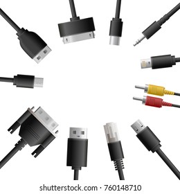 Realistic cable connectors background with round composition of computer audio video and data transfer wire plugs vector illustration
