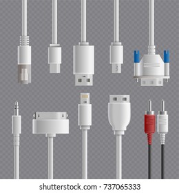 Realistic cable connectors types transparent set with images of computer and multimedia connectors on transparent background vector illustration